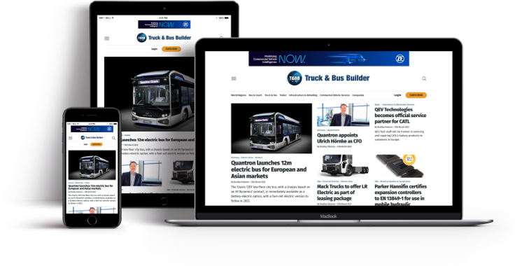 3 devices - mobile, tablet, and desktop - showing the Truck & Bus Builder Website
