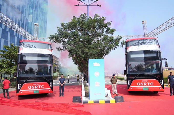 GSRTC celebrates start of operations of Switch EiV electric double deck buses in Gujarat